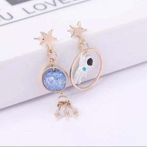 Asymmetric Astronaut + Moon Dangling Stud Earrings